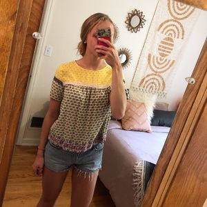 Blue Tassel Anthropologie Yellow Patterned Top